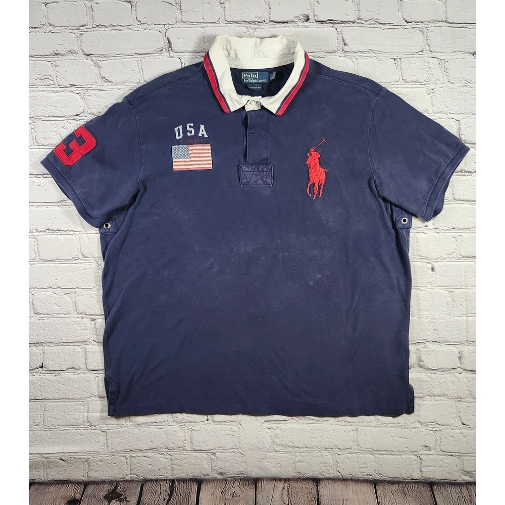 VTG Polo Ralph Lauren Mens Big Pony USA Flag Polo Shirt Navy Blue XXL Custom Fit